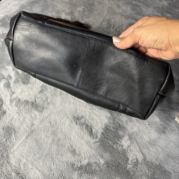 Black Leather Shoulder Bag Hobo Style Double Top Handle Purse Minimal Unbranded - Picture 9 of 13